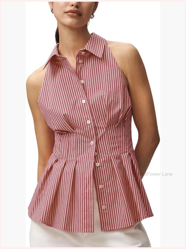 Striped Peplum Halter Top Sleeveless Button Down Blouse Summer Going Out Top